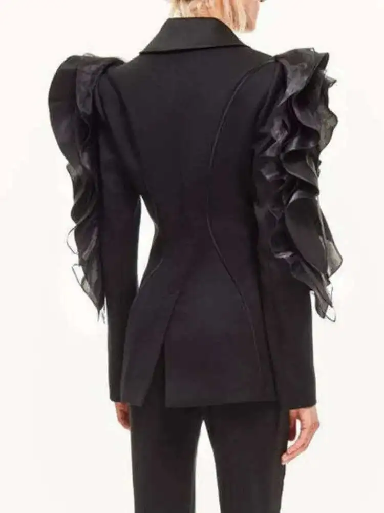 KWTX Blazer con design a volant in rete Giacche da donna con vestibilità in vita raccolta Marea Cappotti femminili Temperamento Abbigliamento 2025 Primavera Nuovo