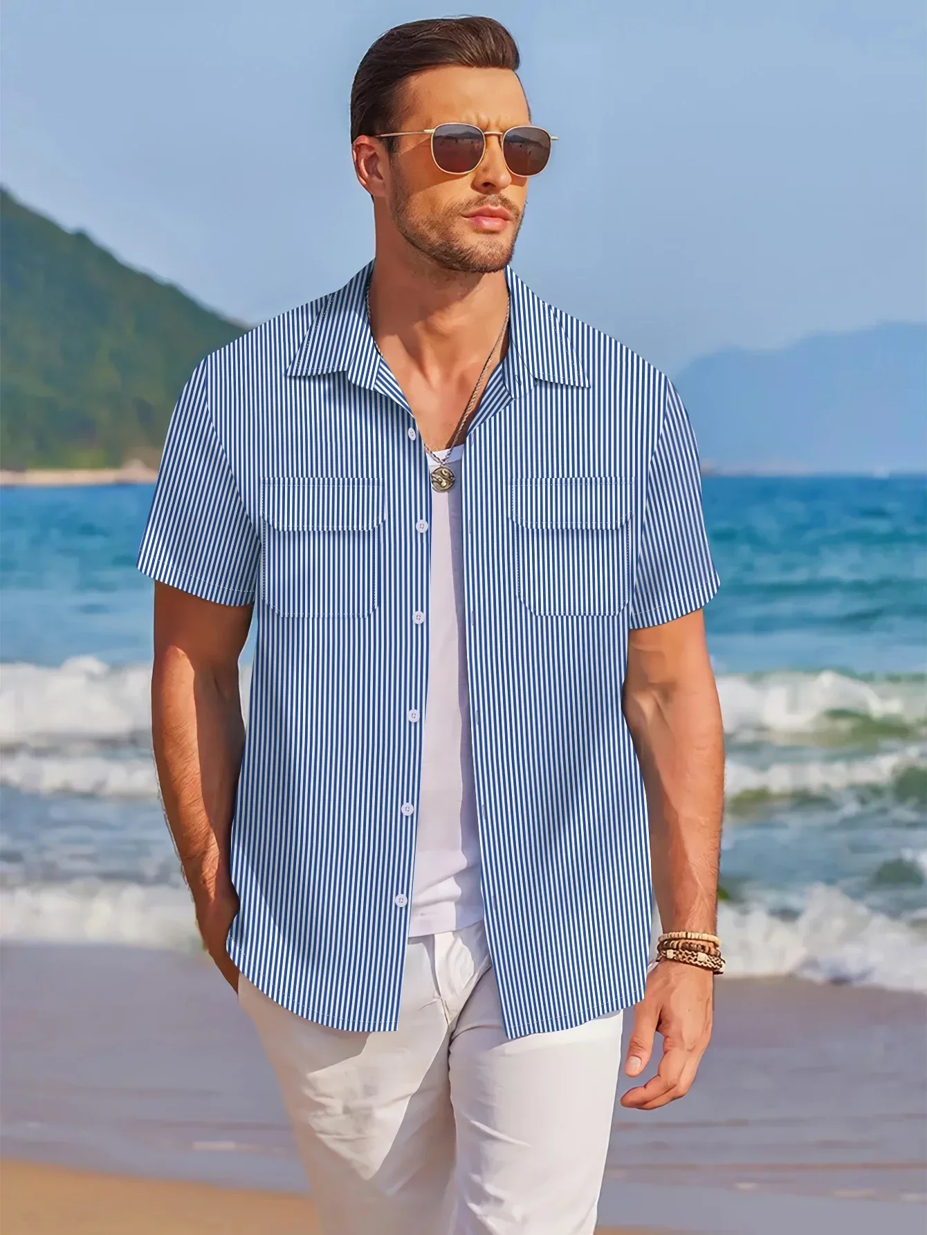 

Cool summer new men's casual beach style lapel pocket button top, comfortable solid color pinstripe fashion loose Hawaiian cardi