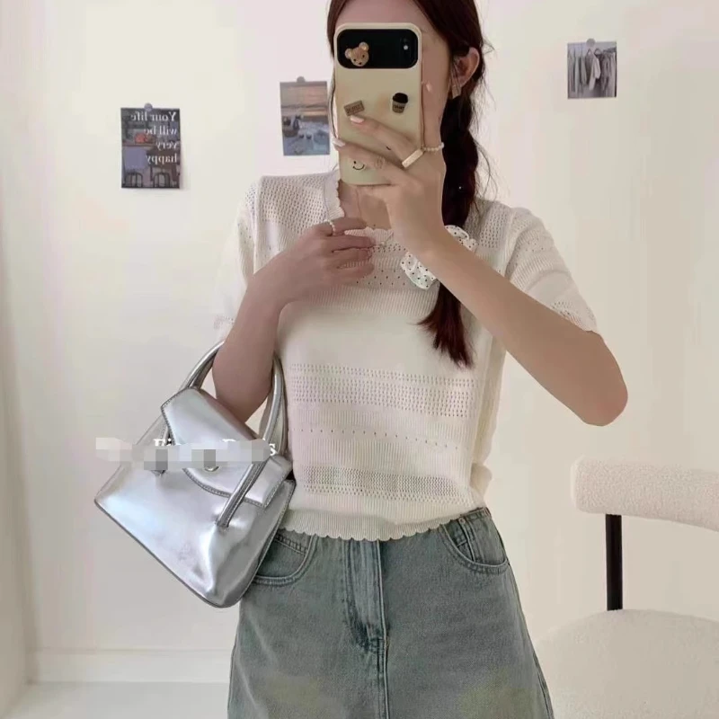 Slouchy Women Pullovers Comfortable Hollow Out Pure Short Sleeve Tender Casual Summer Stylish Girlish Cropped Korean Style New