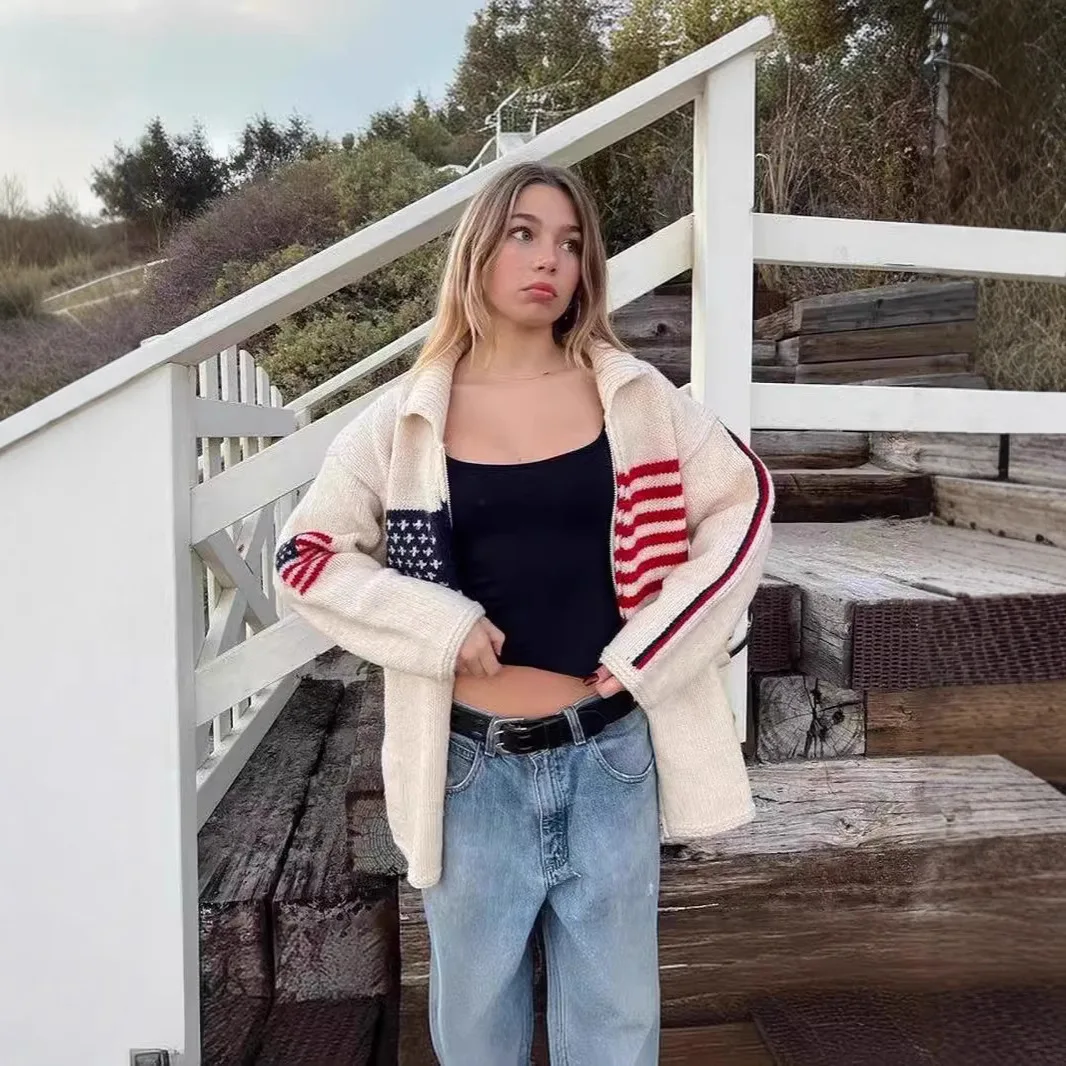 

Женская куртка с узором в виде флага, повседневная, свободного кроя, с длинным рукавом, бежевая, винтажный ретро-стиль, теплая верхняя одежда для осени и зимы