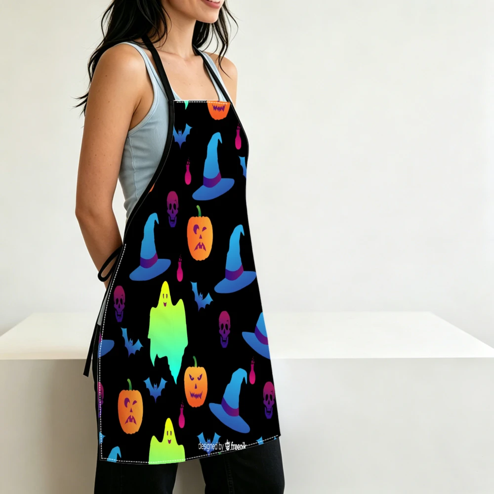 Halloween Novelty Apron Colorful Ghost Pumpkin Skull Print Kitchen Aprons Cooking Baking Party Wear Adjustable Bibs