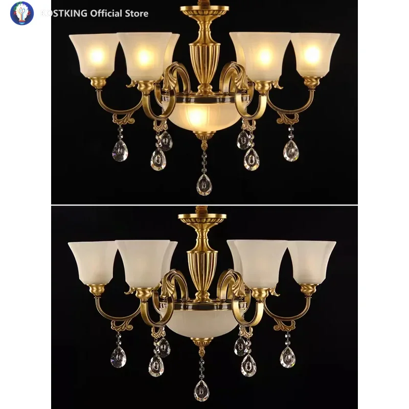ثريا كريستال فاخرة فيلا دوبلكس غرفة المعيشة الثريات النحاسية الأوروبية خمر مصباح الغلاف الجوي أضواء المنزل شخصية
