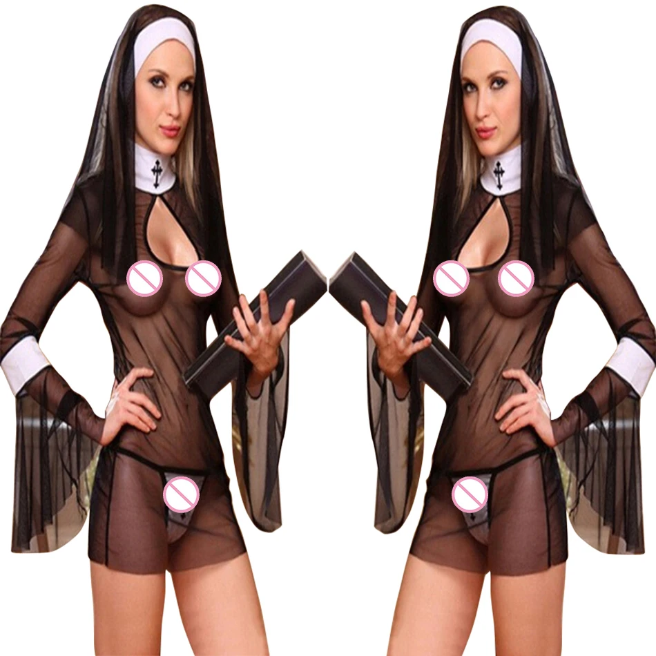 2023 New Sexy Costume Women Cosplay Nuns Uniform Transparent Sexy Lingerie Exotic Nun Halloween Costumes Dress Outfit Clothing