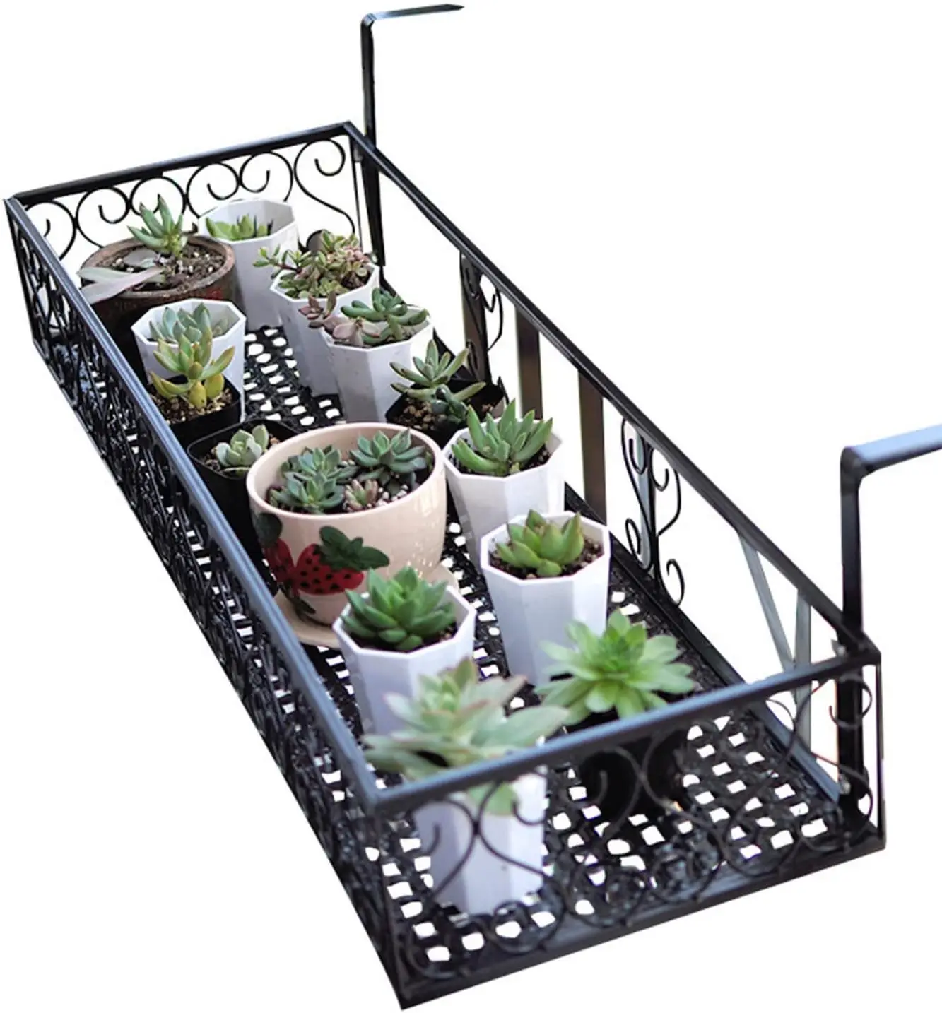 

Large Hanging Plant Holder Shelf, Metal Fence Planter with Hooks for Balcony Garden Patio (23.5x8x4.5 Inch, Black)