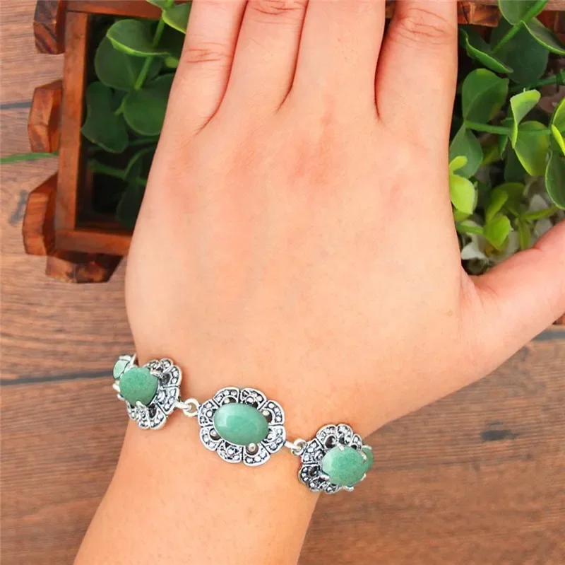 Oval Natural Jades Bracelet Plum Flower Design Vintage Look Antique Silver Plated Gem Stone Fashion Jewelry TB338