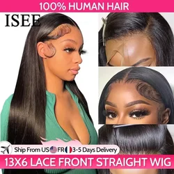 ISEE-Perruque Full Lace Front Wig naturelle lisse, cheveux humains, 13x6, pre-plucked, transparente, HD, en solde, pour femmes