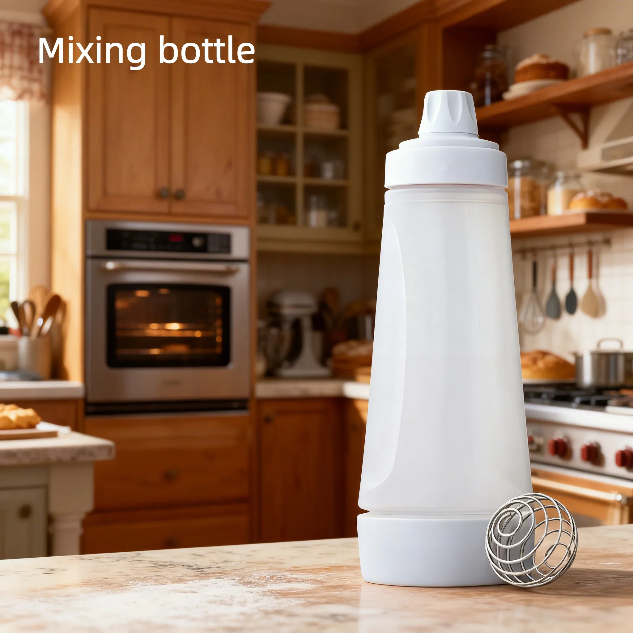 Botella mezcladora de masa para panqueques de mano con marcas de medición, batidor de crema, dispensador de bolas, gofres, herramientas de cocina para hornear pasteles