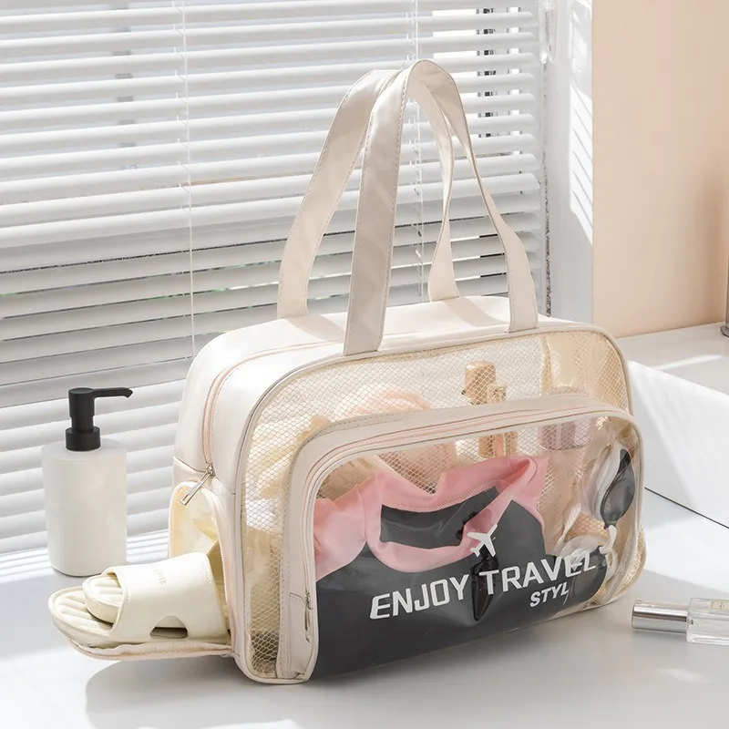Large Waterproof Swimming Bag with Shoe Compartment - Wet Dry Separation - for Travel Gym Shower - Portable PVC Toiletry Bags