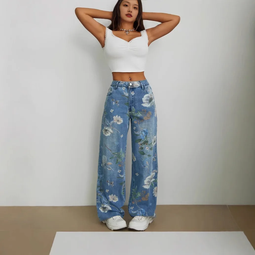 New Womens High Waisted Floral Print Wide Leg Jeans Vintage Washed Loose Fit Denim Pants for Streetwear