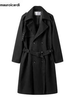 Men's Long Oversized Wool Blend Overcoat 3 Mauroicardi Autumn Winter Long Oversized Windproof Black Warm Woolen Coat Men Sashes Double Breasted Wool Blends Overcoat 2023 3