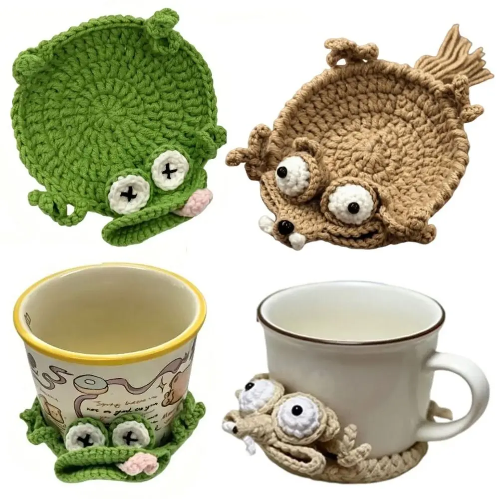 Pressable Crochet Squirrel Coasters Non-Slip Relieve Stress Woven Frog Coaster Handmade Heat Resistant Water Cup Mat Tableware