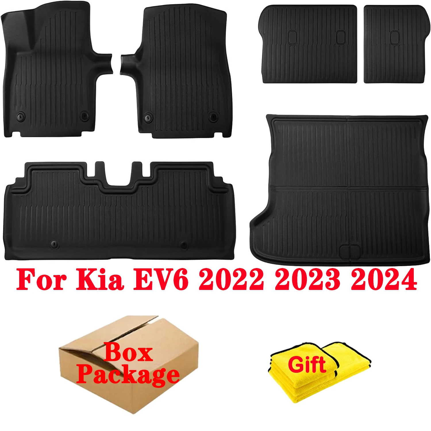 For Kia EV6 2024 2023 2022 All-Weather Floor Mats, Front Rear Full Set Heavy Duty Trunk Cargo Liner Protection Backrest Mats