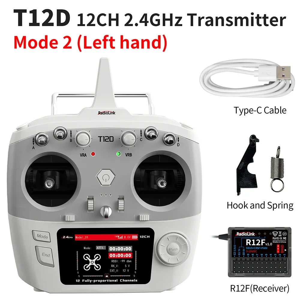 RadioLink T12D 12CH RC-zender 2,4 GHz 2,8 inch 4000 m afstand met R12F-ontvanger voor FPV Drone Vaste vleugel Auto Boot Robot