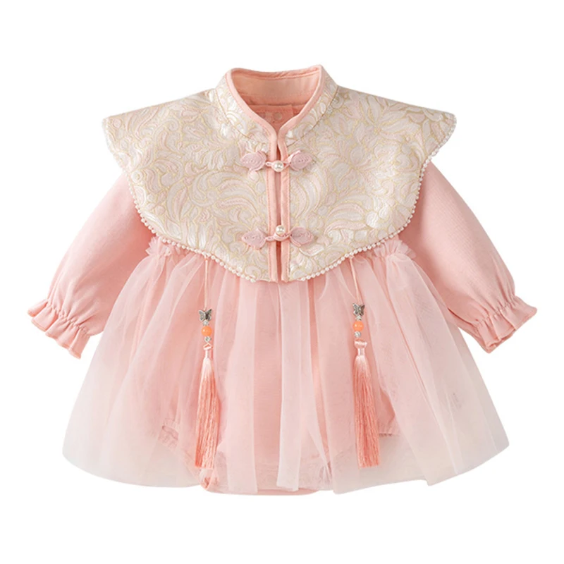 Spring Autumn Newborn Girls Clothes Fashion Chinese Style Pink Cute Mesh Long Sleeve Bodysuits & One-Pieces Baby Clothing BC083