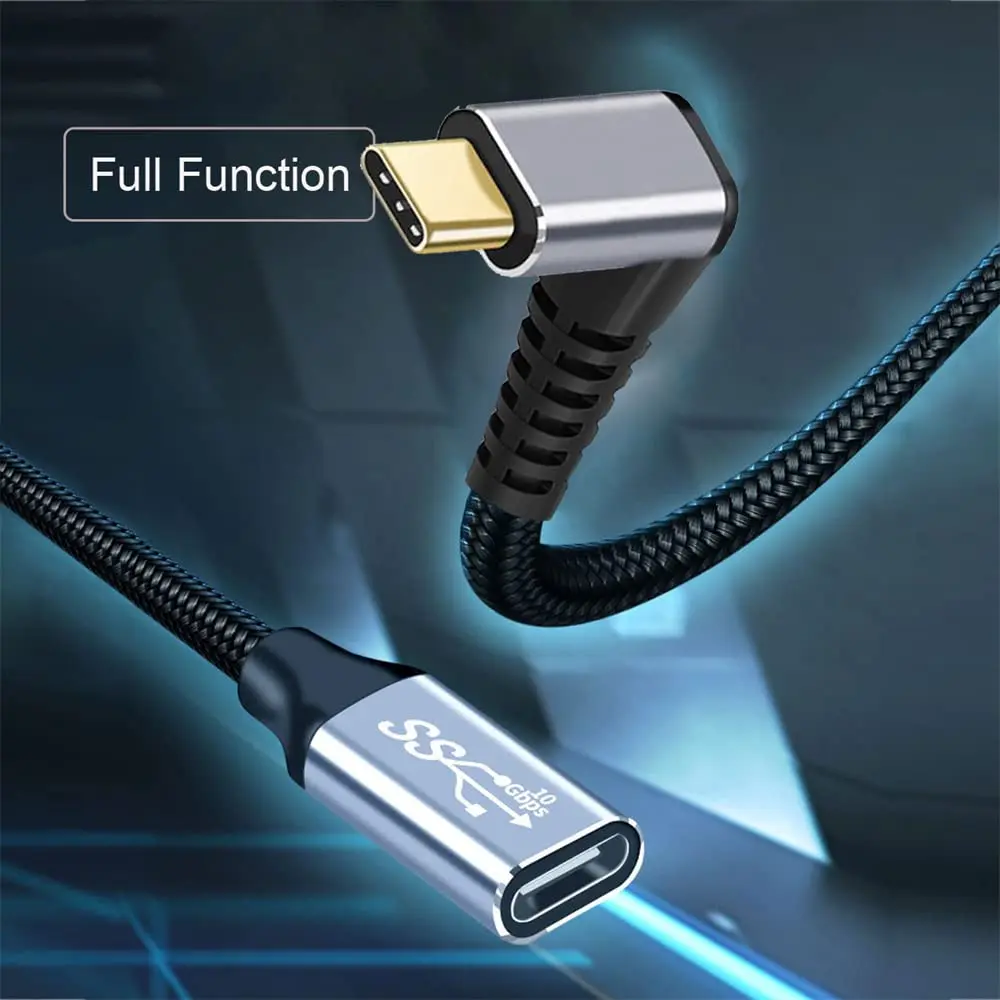 USB-C USB 3.1 Type C Male to Female10Gbps PD 100W Extension Data Cable Opposite U Shape Back Angled with Sleeve 10FT