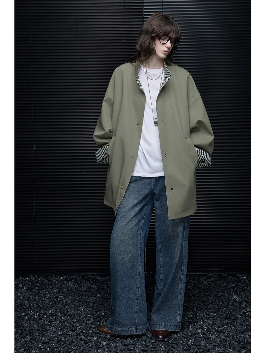 

Женская ветровка средней длины цвета хакиен, двусторонняя одежда, уличный хлопок, лиоцелловое волокно, обычный све, длинный рукав...