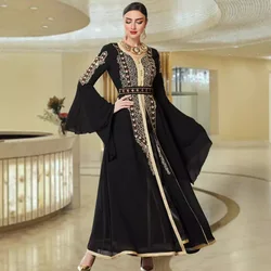 Arab Mesh Embroidered Dress with Belt V-Neck Super Full Sleeves Stylish Abaya for Luxury Muslim Woman Moroccan Party Kebaya Gown