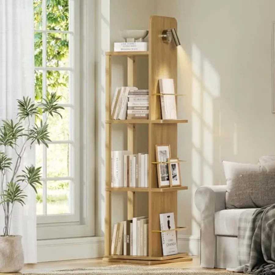 Rotating Bookshelf Tower with Light for Living Room, Oak Wood, Natural Color, 360 Spinning Function and Built-in LED Lighting