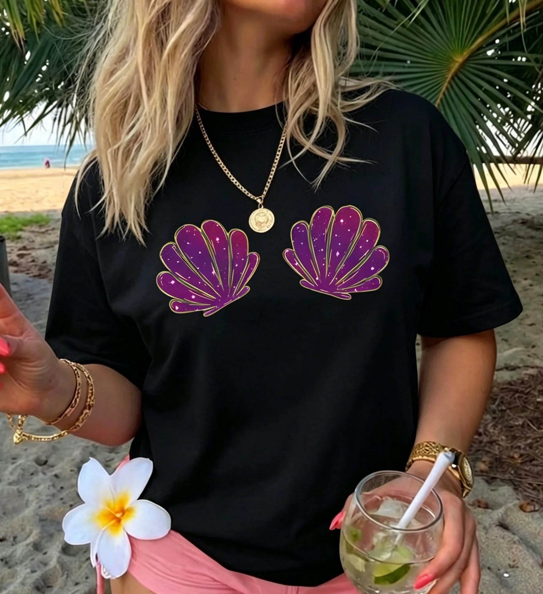 Purple Mermaid Seashell Graphic Tee White Summer Beach T-Shirt Cute Shell Bra Top Casual Holiday Short Sleeve Loose Style