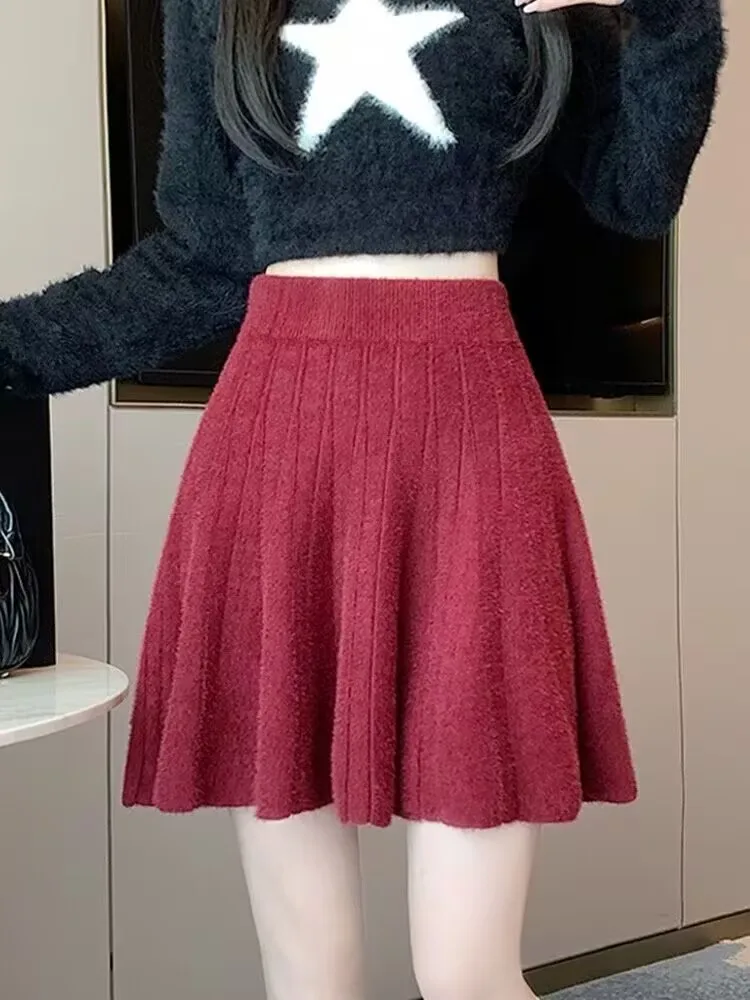 Falda corta de punto plisada para mujer, moda coreana, Retro, liso, ajustado, para Festival, Sexy, para discoteca, alta, envolvente, a la cadera, informal
