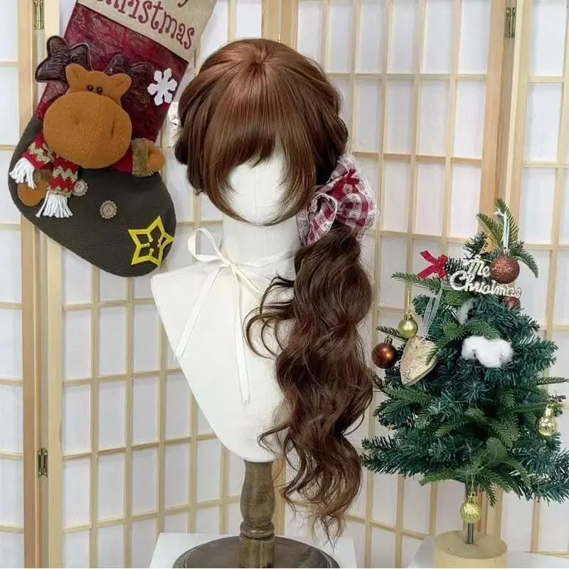 

Chocolate Brown Wig with A Japanese-style Old-fashioned Curly Hair Wig Lolita Cosplay Wigs with Bangs Glueless Synthetic Wigs