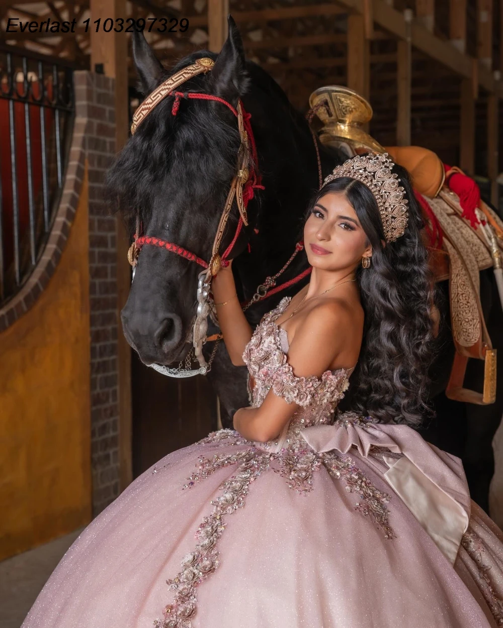 EVLAST Dostosowana różowa suknia Quinceanera w kwiaty Suknia balowa z aplikacją Frezowanie z kokardą Gorset Sweet 16, Vestido De 15 Anos QD1153