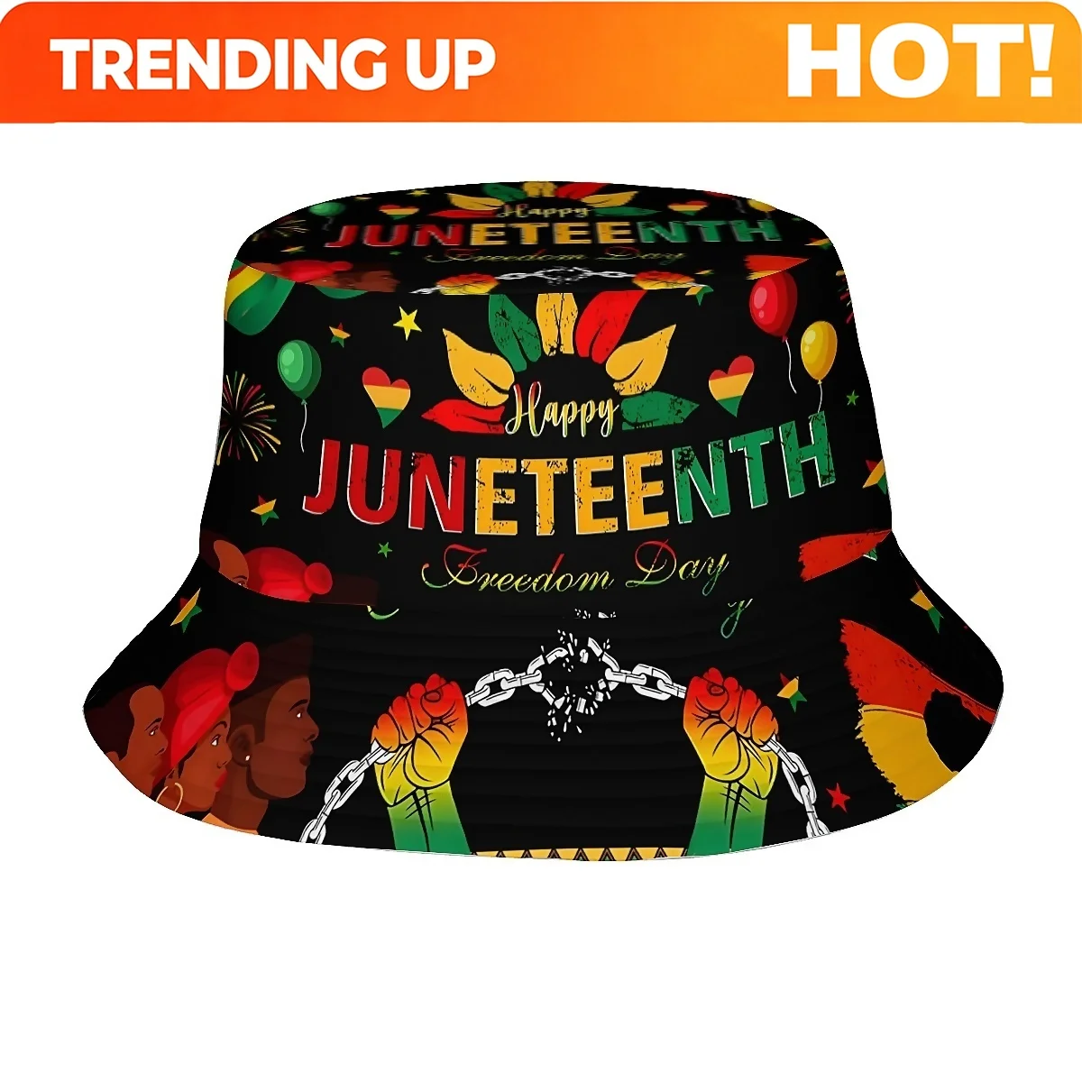 Custom A Bucket Hat with Black History Month Theme, Featuring Fist And Chains, And Firework Pattern, Unisex Print, Stylish