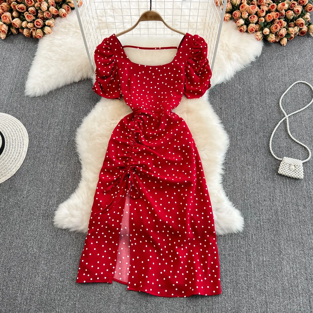 Women\'s Square Collar Drawstring Puff Sleeve Dress Summer Mid Length Slit Polka Dot Vestidos Elegant A-line Female Party Dress