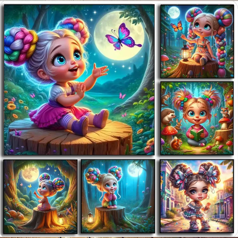 5D DIY Diamond Painting Cute Colorful Ball Head Girl Butterfly Cartoon Hand Cross Stitch Drills Mosaic Art Room Home Decor Gifts