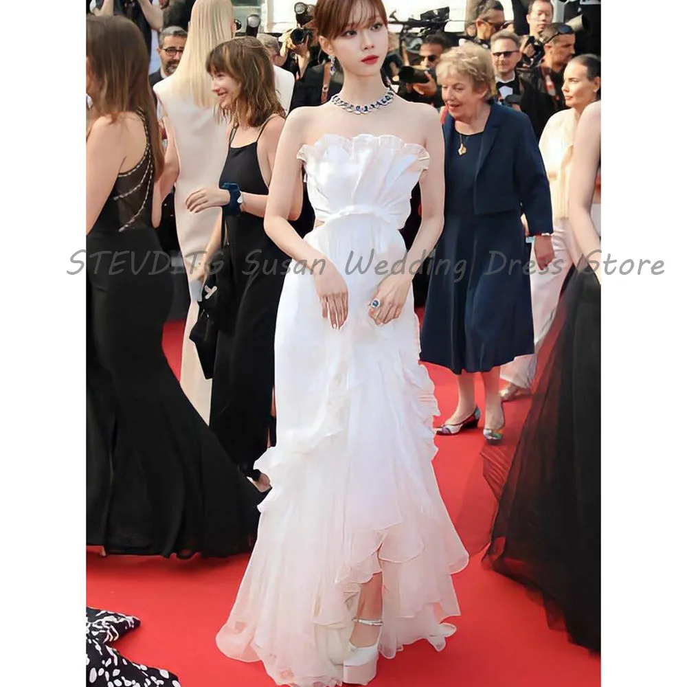 

White Evening Party Fashion Show Famous Dresses Popular Strapless Sleeveless High Quality Banquet Celebrity Prom Party Gowns