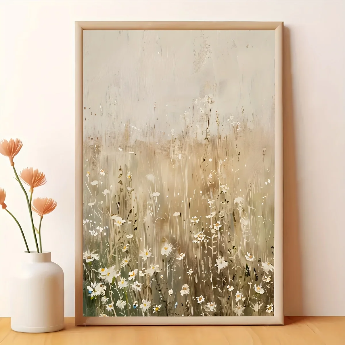 No Framed Wildflower Field Landscape Vintage Poster, Neutral Spring Farmhouse Canvas Painting,  Birthday Present, Living Room, B