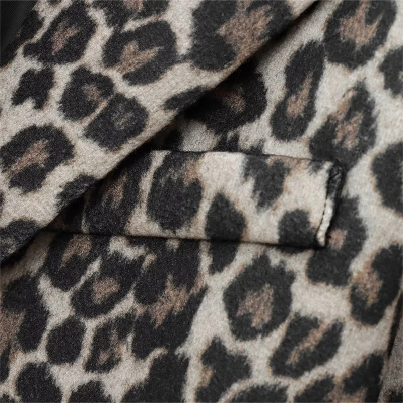 KEANKETIAN-traje de lana con estampado de leopardo para mujer, estilo Retro, bolsillos con solapa de un solo pecho, abrigo holgado, chaqueta gruesa, novedad de invierno