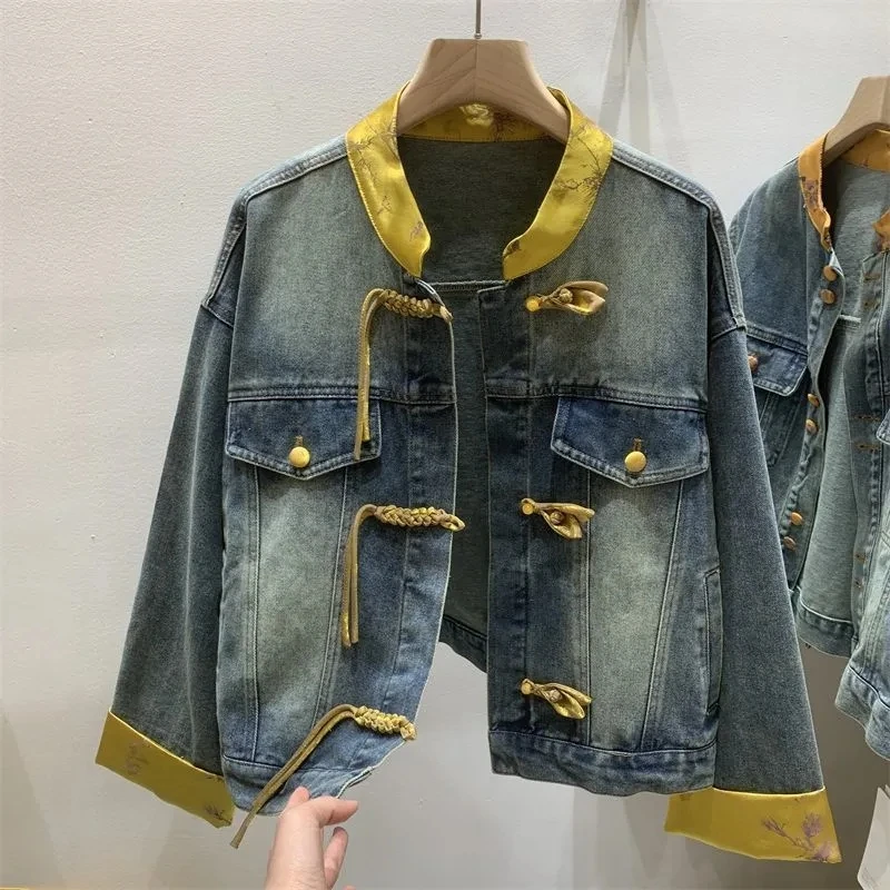 Autumn Guofeng Denim Jacket For Woman 2024Korean short Overcoat Retro Blouses Casual Stitching Stand-Up Collar Coat Buttoned Top