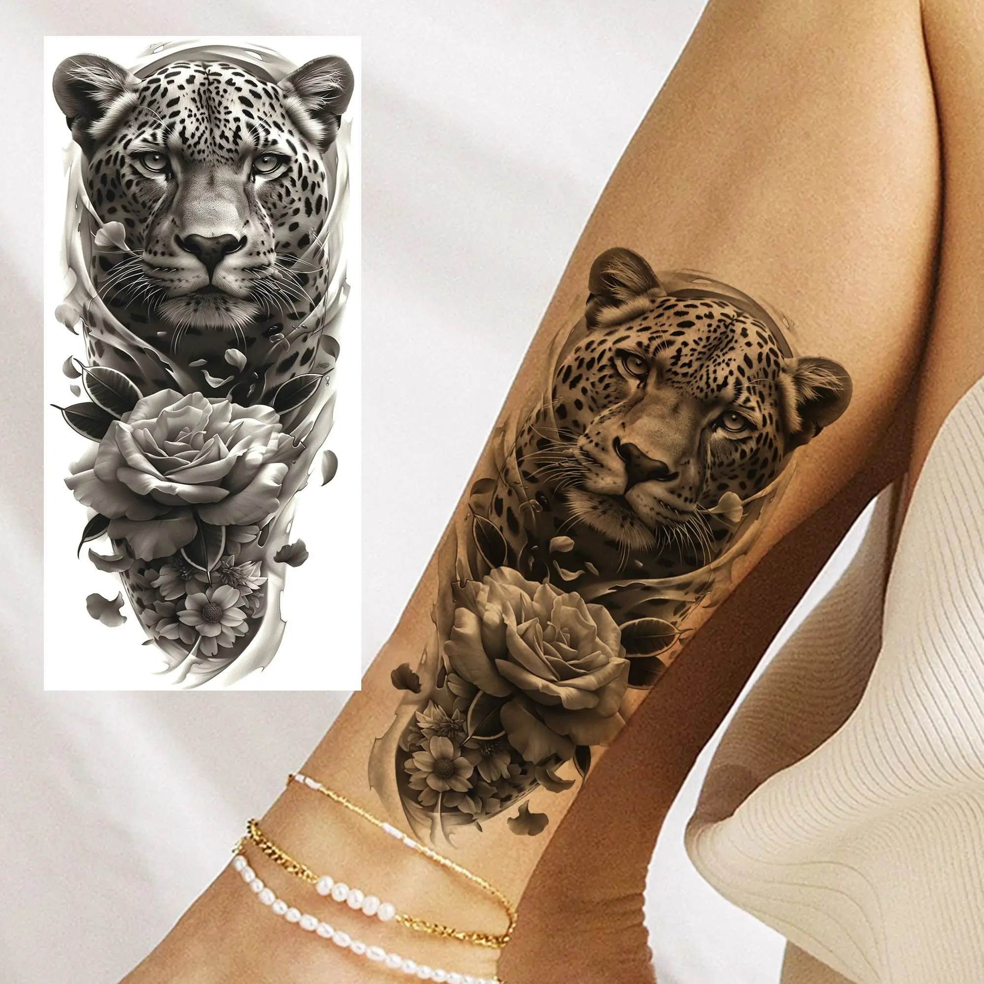 1 Sheet Leopard Lion With Rose Flowers Temporary Tattoos For Women Girls Waterproof Realistic Fake Tattoo Sticker Long Lasting 6