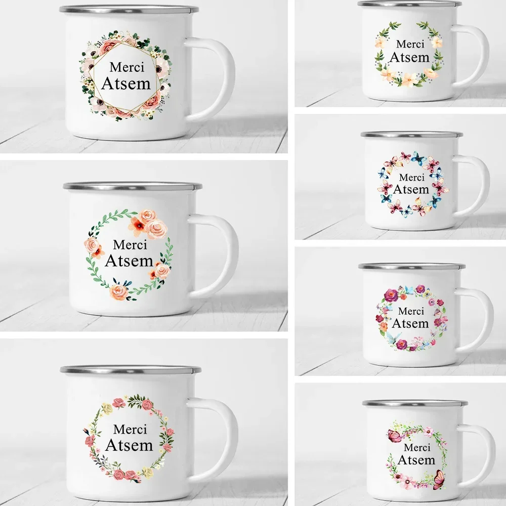 Drink Juice Coffee Mug Merci Atsem In France Enamel Mugs Teacher's Day Dessert Cocoa Milk Handle Mug Festive Birthday Gifts