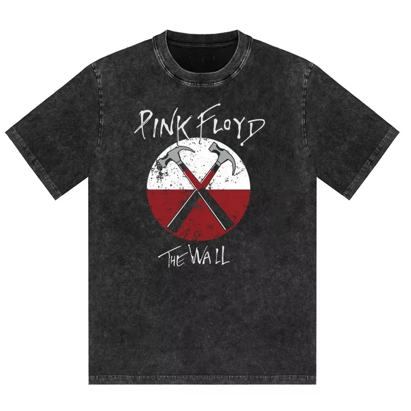 New Arrival Distressed Washed Graphic T-shirt for Men, Pink Floyd Rock Themed Men's Casual Apparel T-shirt