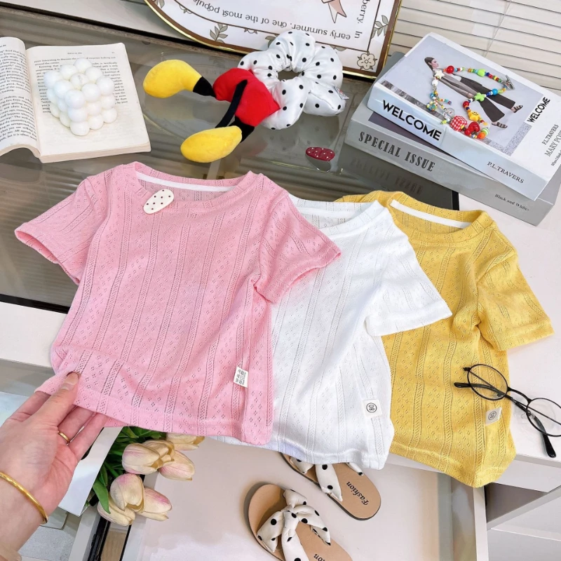 

2026 Summer New Children's Diamond Grid Round Neck Breathable Lightweight Cotton Solid Color T-shirt