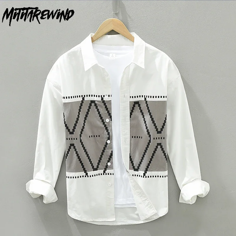 

Spring and Autumn New White Shirt Men Street Fashion Patchwork Printed Shirt Pure Cotton Long Sleeve Shirt Man Loose Casual Tops