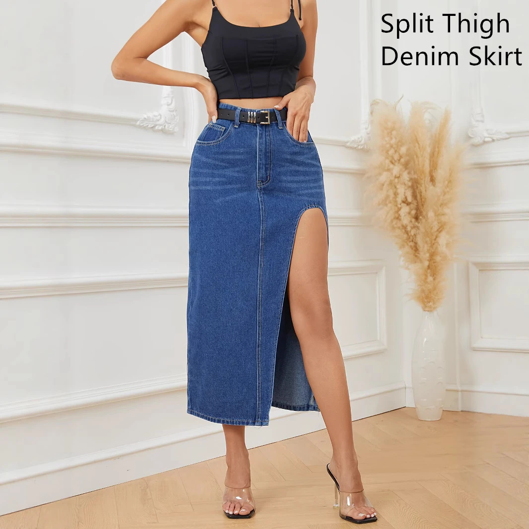 2025 Falda vaquera de talle alto para mujer, corte asimétrico, abertura larga, Retro Azul, vaquero, Midi, corto, pantalones vaqueros informales sexys de verano