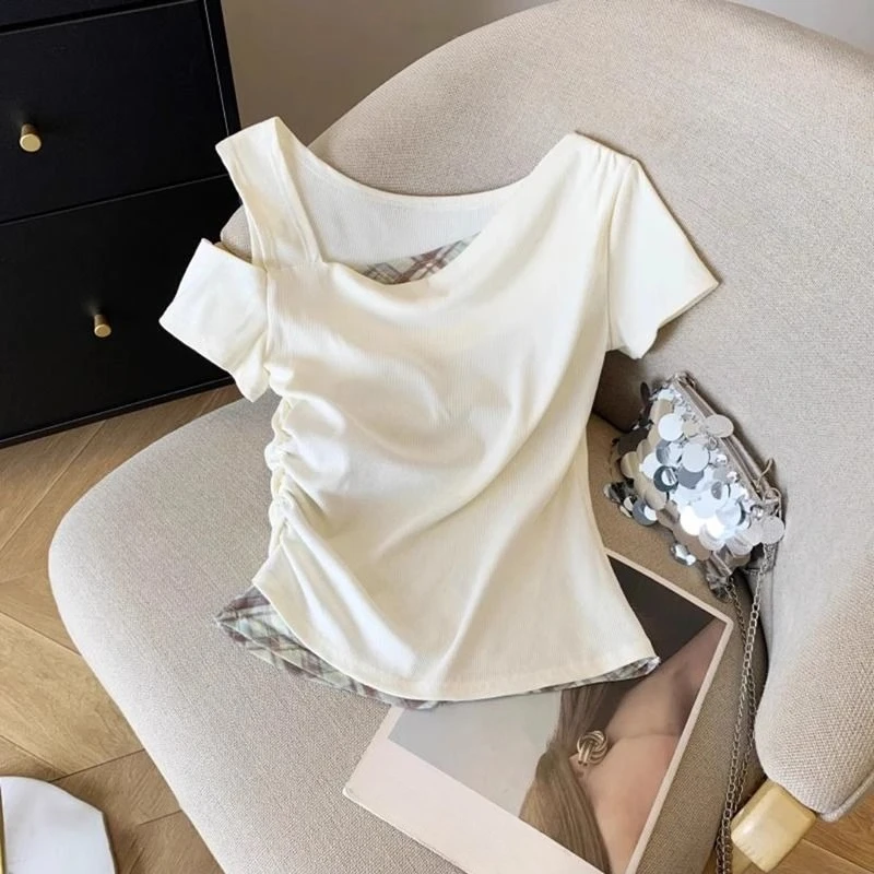 Girls Off Shoulder Fake Two Piece T-Shirt Short Sleeve Summer Kids Top Slim Fit Color Block Splicing Tee for Big Girls Age 7-14​