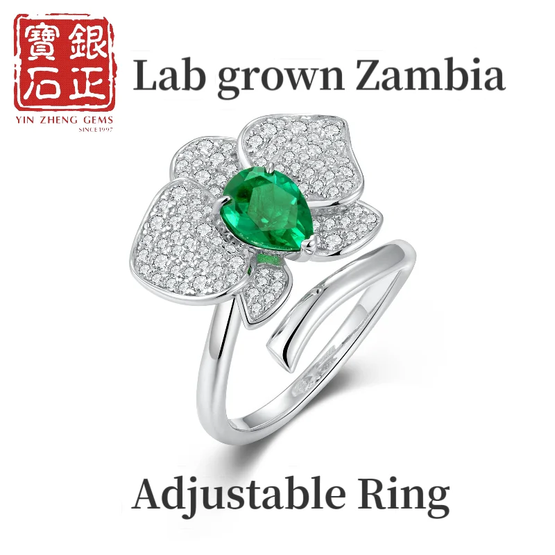 

YinZheng S925 Sterling Silver Flower Shape Lab Grown Ruby Lab Zambia Adjustable Ring For Wedding Engagement Gift Fine Jewelry