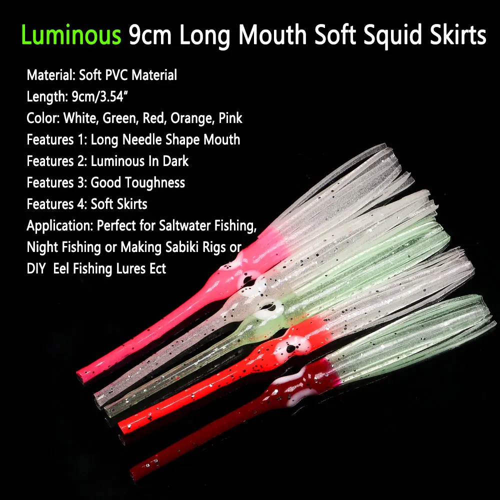 Bimoo 20bags=200pcs Luminous 9cm Long Mouth Soft Squid Skirts Octopus Skirt Sea Fishing Lures Baits Sabiki Rig Fishing Eel Lures