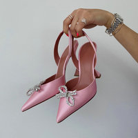 Pointed Middle And Back Empty Silk Sandals Women'S Net Red With Crystal Bow Stiletto Heels