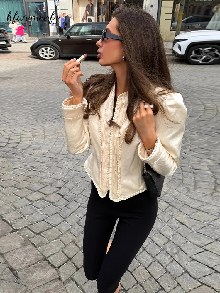 French Women's Ruffle Jacket Puff Long Sleeve Stand Collar Asymmetric Buckle Slim Fit Coat 2026 Autumn Lady Street Outwear New