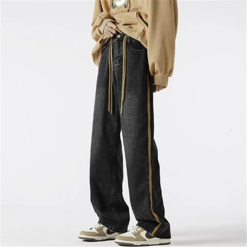 

Spring and Autumn Jeans Men's Clothing Y2K High Street Striped Straight Pants Button Drawstring Pocket Loose Trousers A027