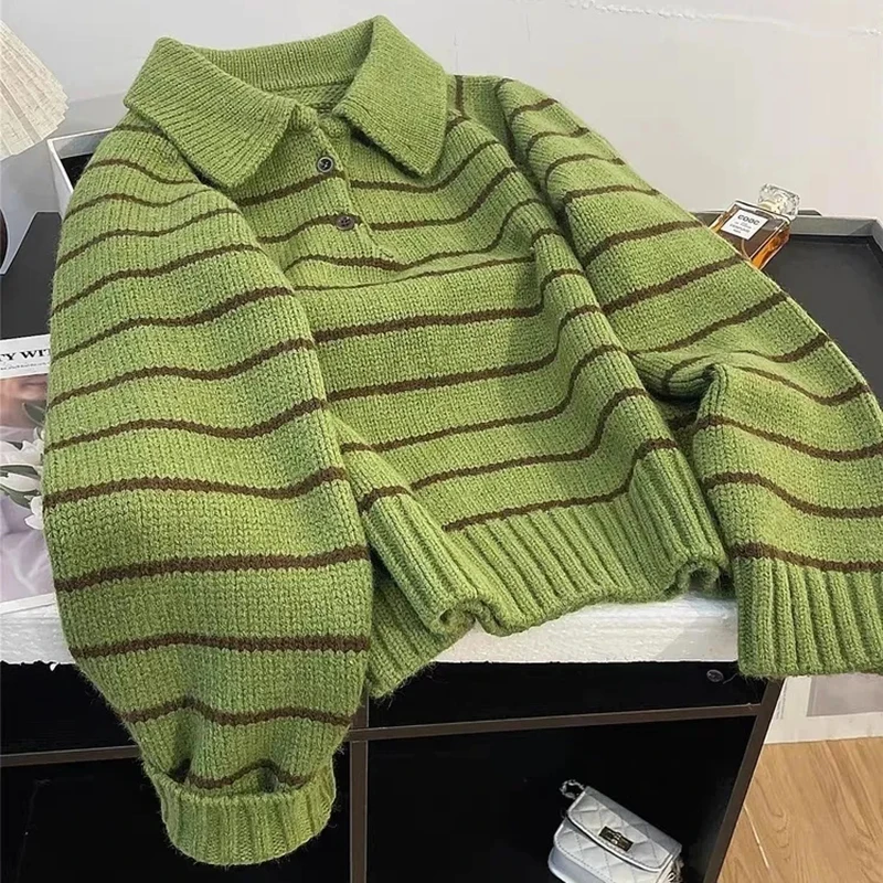 

Green Casual Knit Sweater Women Sweet Preppy Striped Long Sleeve Loose Pullovers Student Vintage Harajuku Baggy Knitwear Jumpers