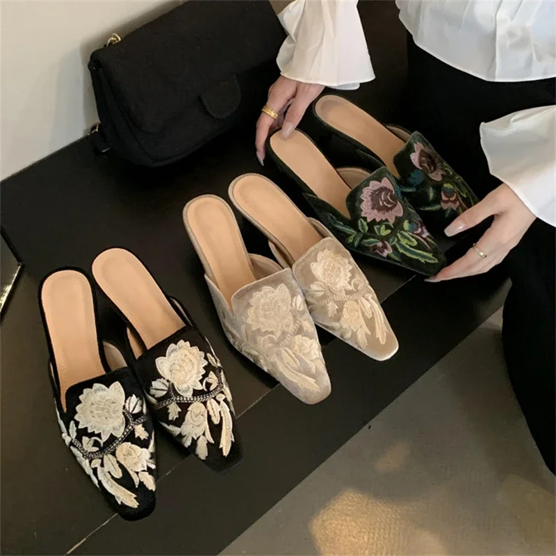 

Aneikeh Spring Comfortable Fashion Design Embroidery Pointed Toe Mules Slippers Women Low Heels Party Shoes Zapatos De Mujer