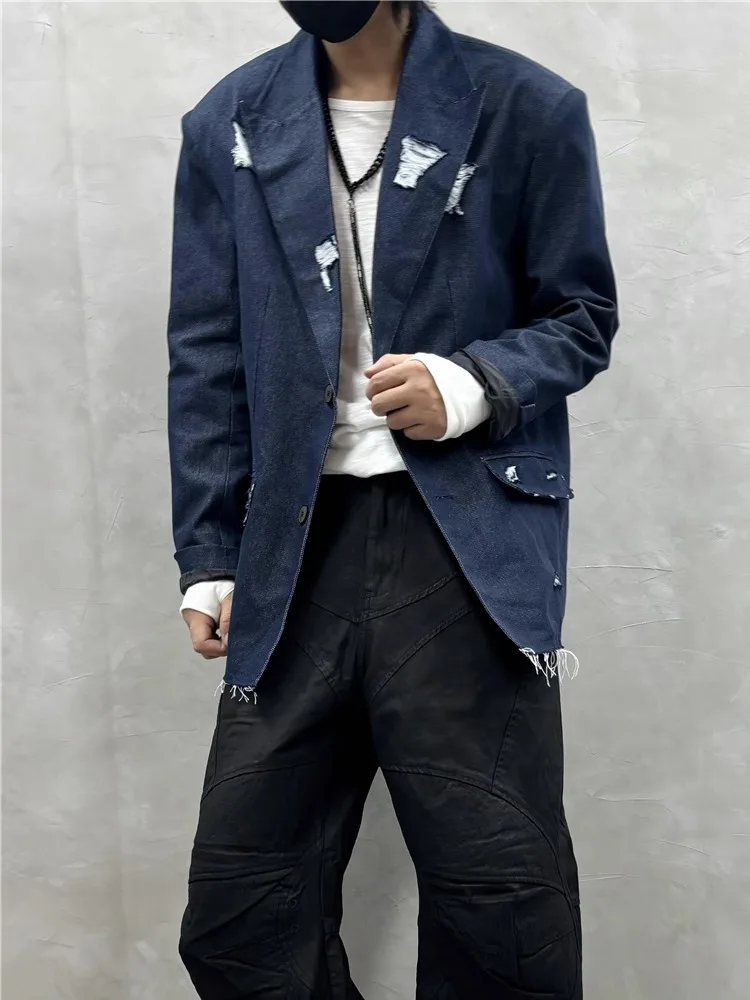 Niche Retro Hem Ripped Washed Profile Denim Suit Jacket Personality Ruan Handsome Loose-Fitting Casual Top