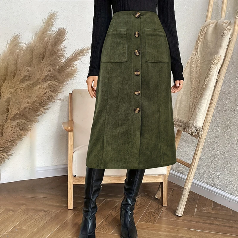 

Vintage Green High Waist Midi Skirt Women Button Up Pocket A-Line Long Skirts Autumn Winter Ladies Casual Streetwear Jupe Femme