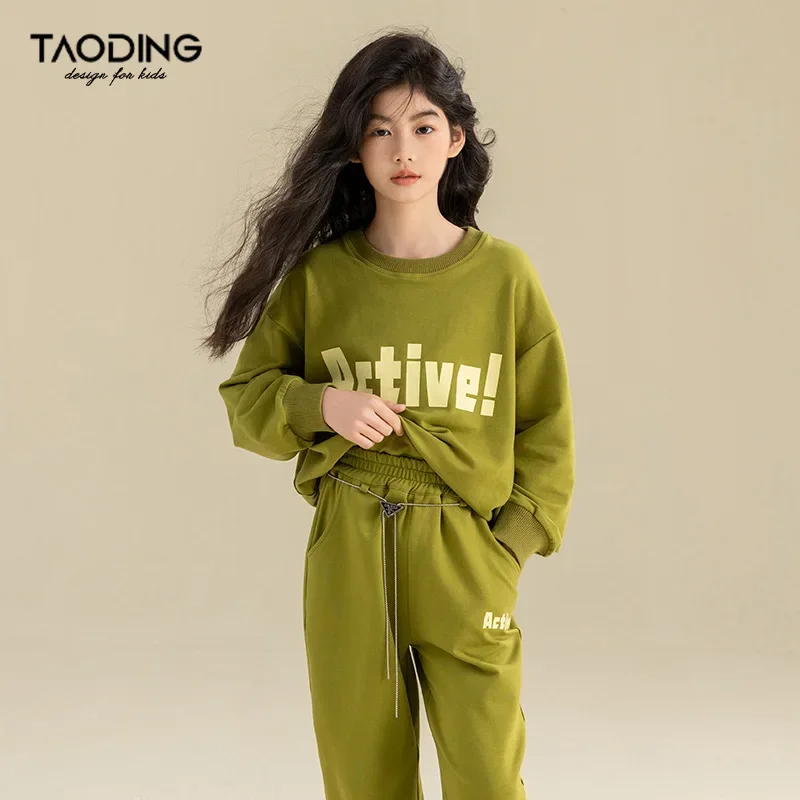 

Girls Suits Spring Set 2024 New Big Children Letter Print Casual Trend Crew-neck Hoodie Two-piece Set Korean Simple Style